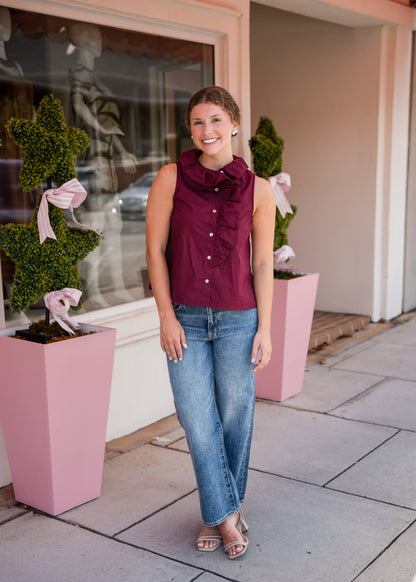 Sleeveless Ruffle Detail Top - Burgundy