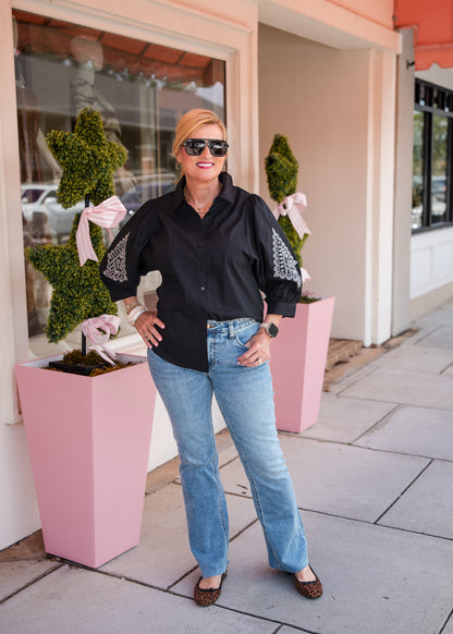 Embroidery Poplin Blouse - Black