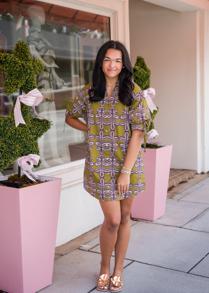 Tie Sleeve Printed Dress - Martini Olive