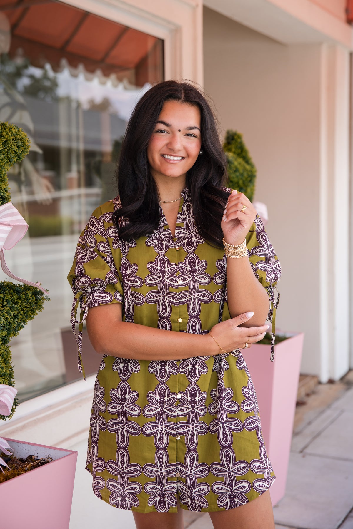 Tie Sleeve Printed Dress - Martini Olive