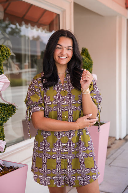 Tie Sleeve Printed Dress - Martini Olive