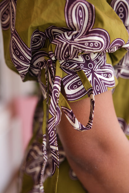 Tie Sleeve Printed Dress - Martini Olive
