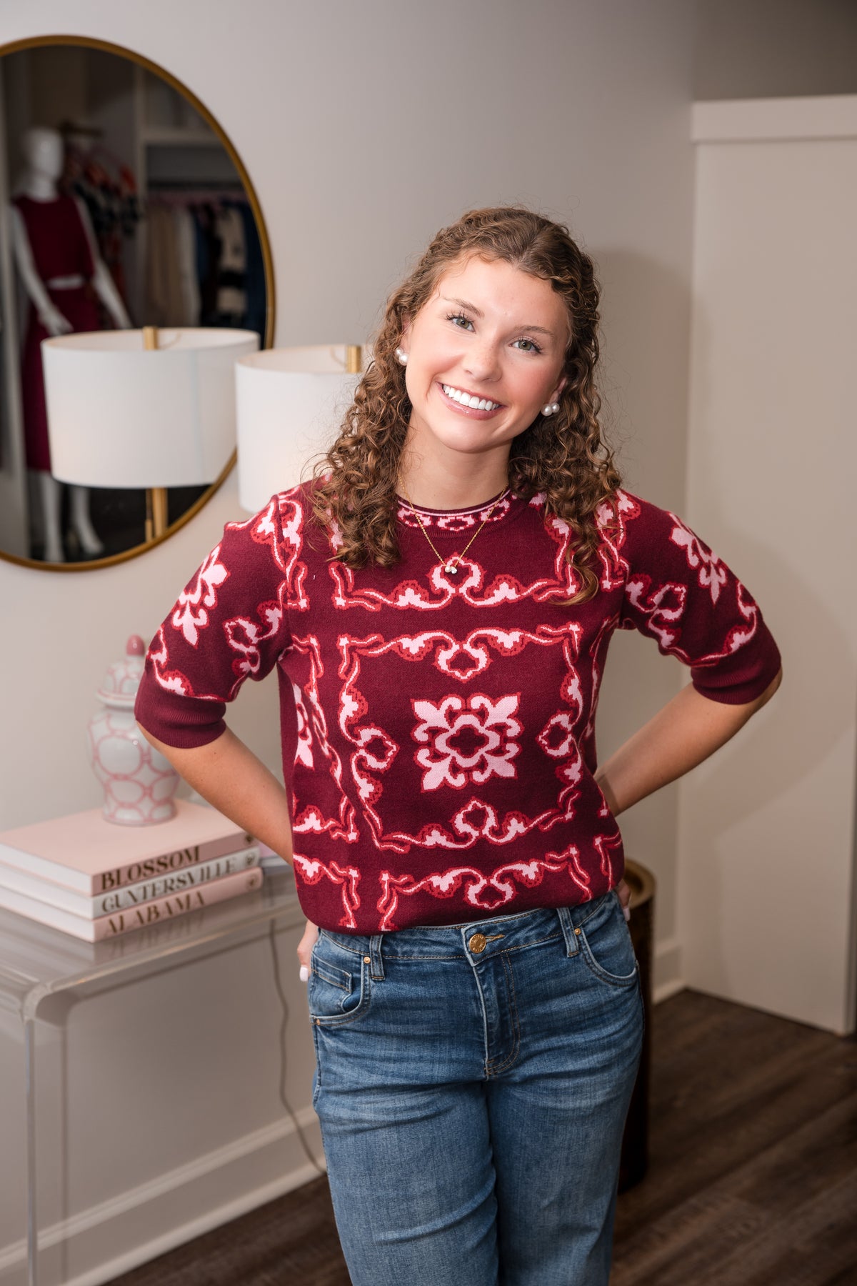 Short Sleeve Pattern Sweater Top - Burgundy