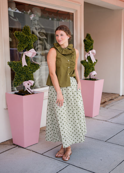 Gingham Polka Dot Midi Skirt - Olive