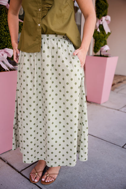 Gingham Polka Dot Midi Skirt - Olive