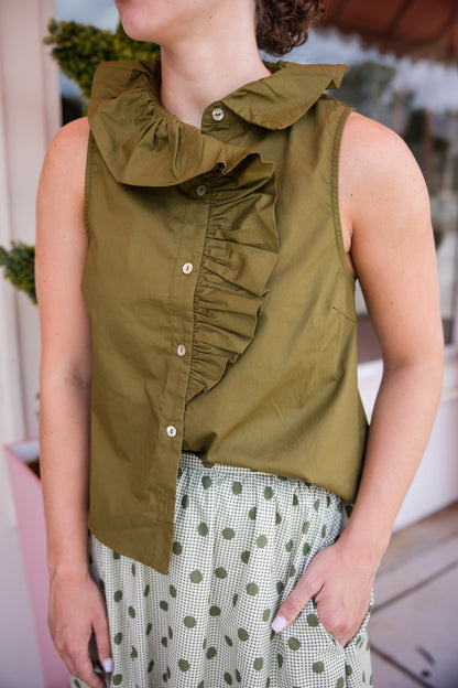 Sleeveless Ruffle Detail Top - Olive
