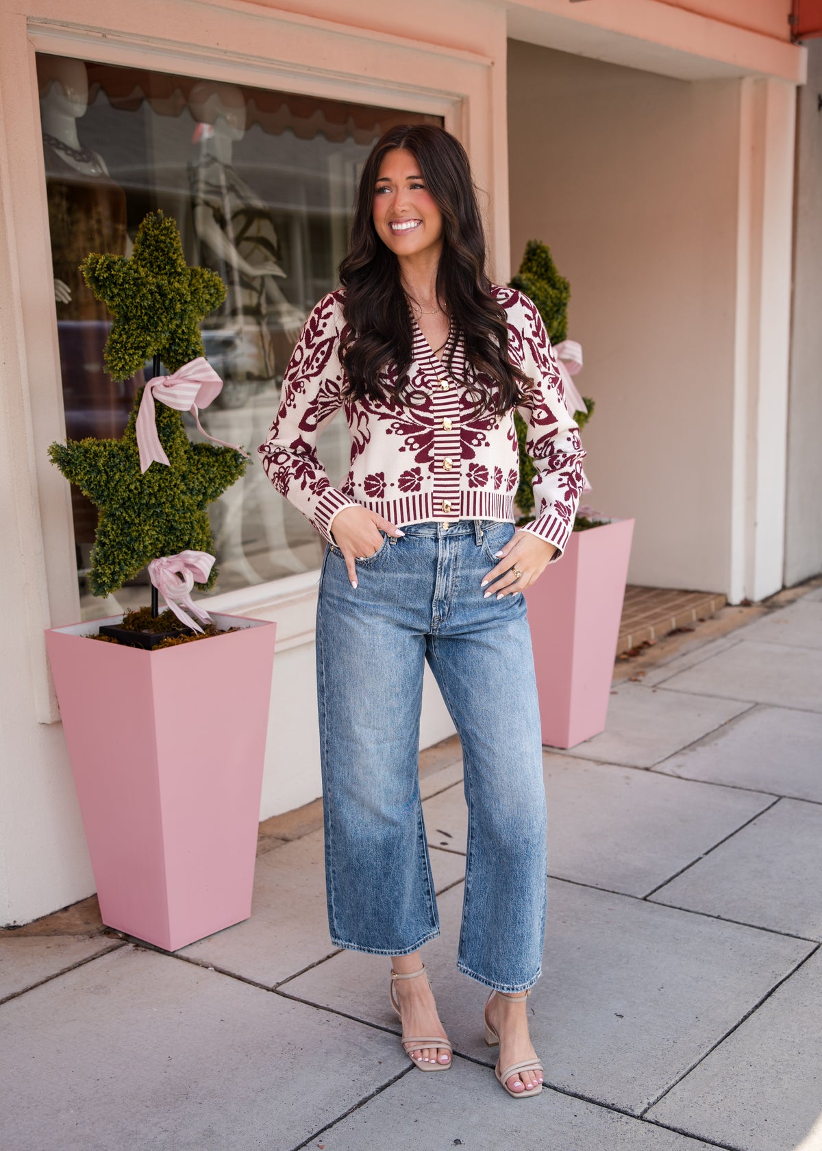 Floral V-Neck Cardigan with Gold Buttons - Burgundy