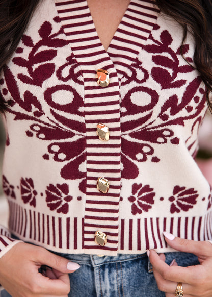 Floral V-Neck Cardigan with Gold Buttons - Burgundy