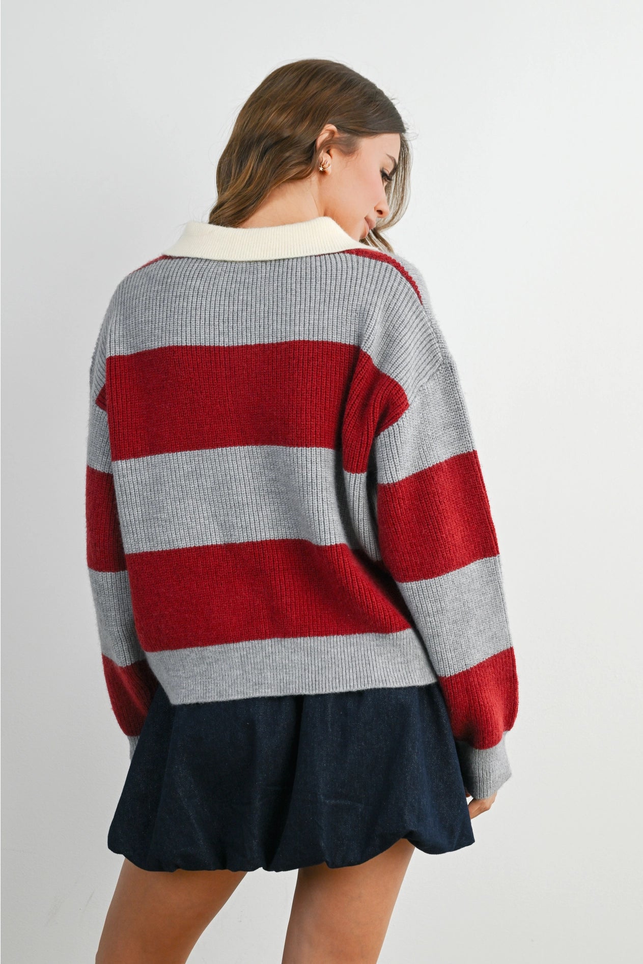 Buttoned Striped Collared Long Sleeve Top - Grey/Burgundy