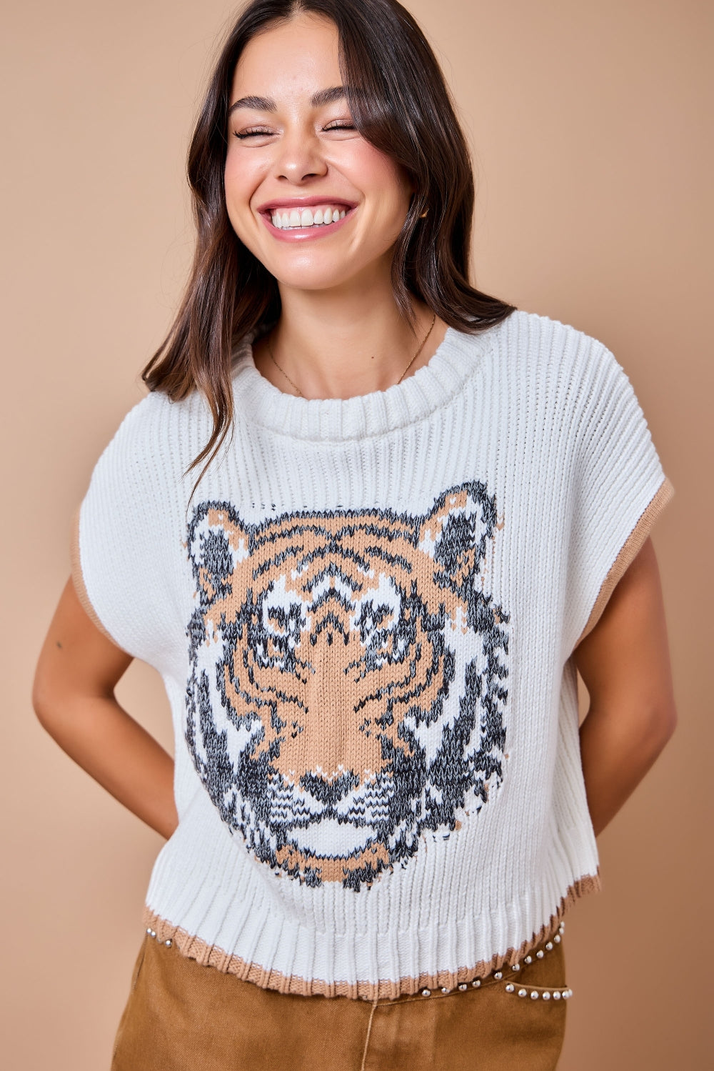 Game Day Tiger Intarsia Sweater Vest - Ivory/Brown