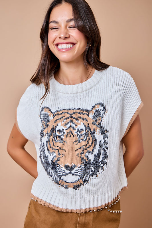 Game Day Tiger Intarsia Sweater Vest - Ivory/Brown