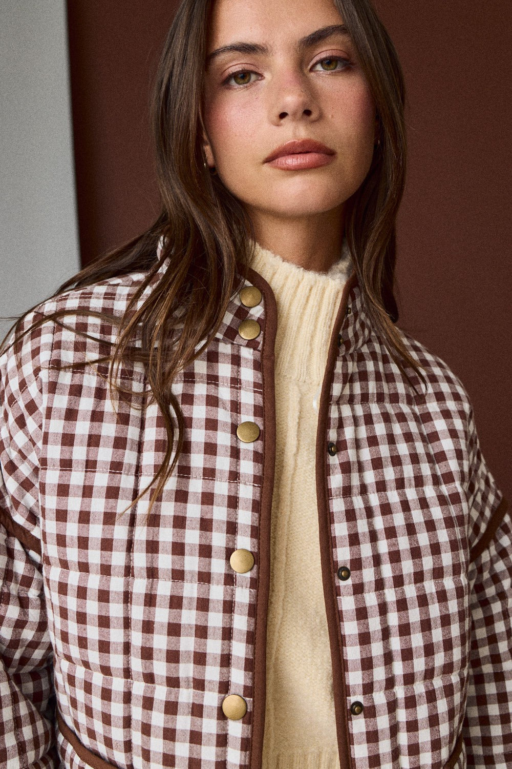 Gingham Quilted Jacket - Brown