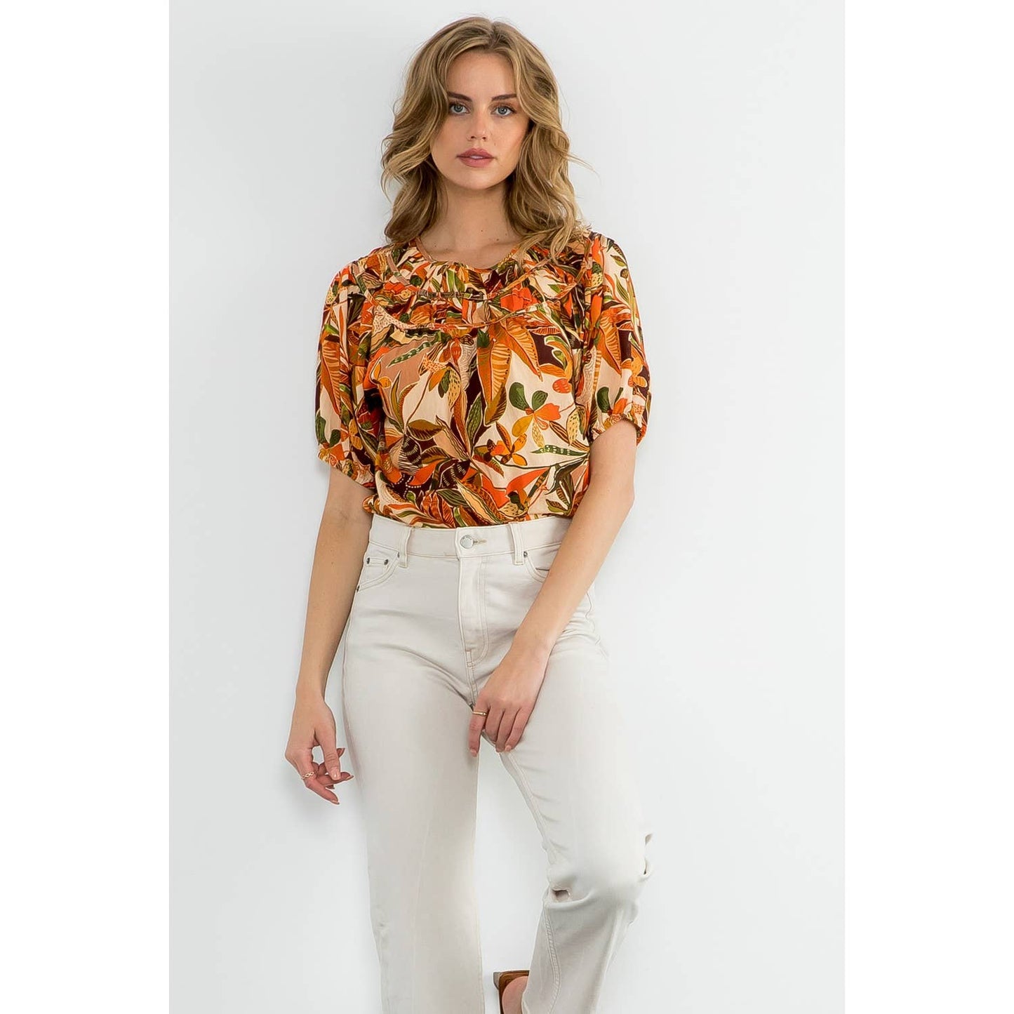 Puff Sleeve Floral Top - Beige