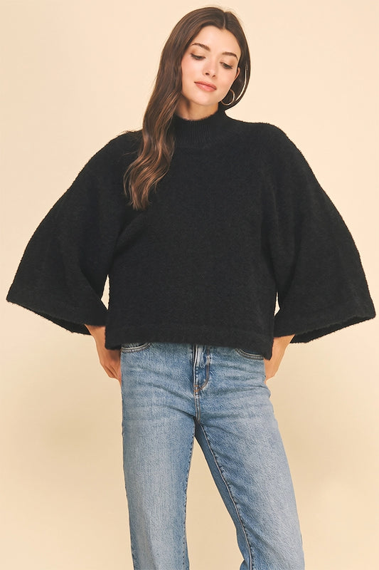 Wide Sleeve Mock Neck Sweater - Black
