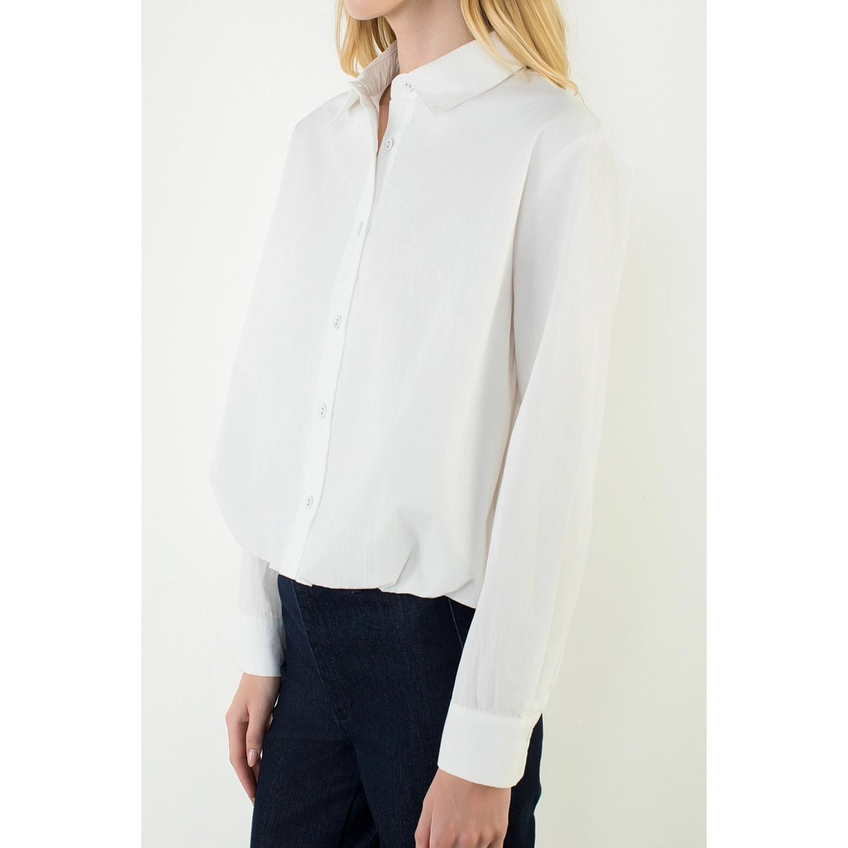 Long Sleeve Cinched Button Down Top - White