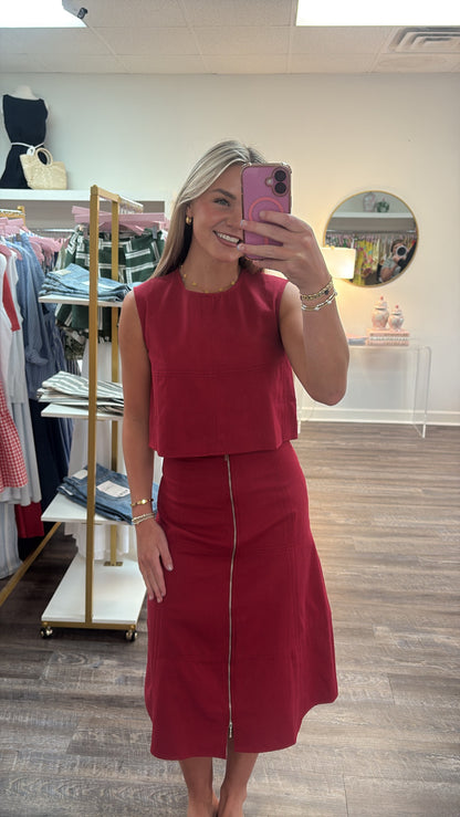Front Zip Denim Midi Skirt - Crimson
