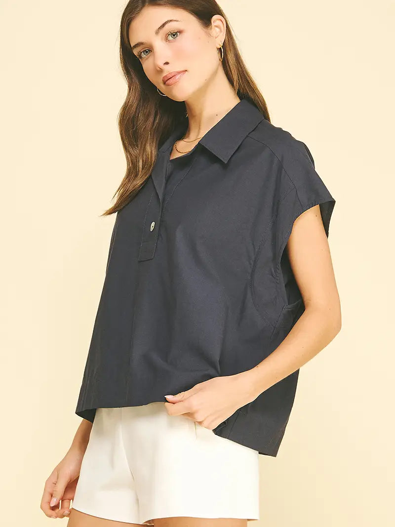 Solid Cap Sleeve Blouse Top - Navy