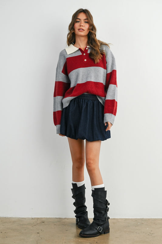 Buttoned Striped Collared Long Sleeve Top - Grey/Burgundy