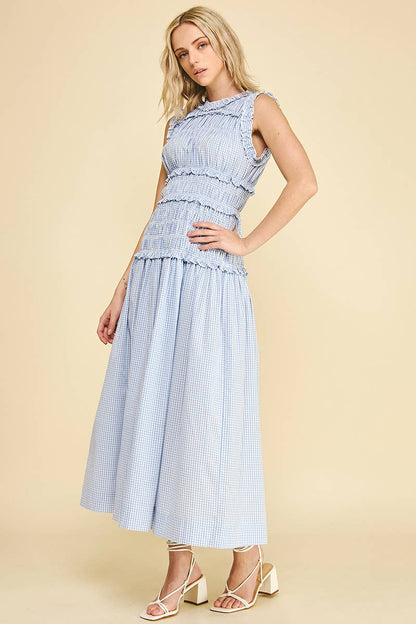 Gingham Shirring Detailed Maxi Dress - Blue