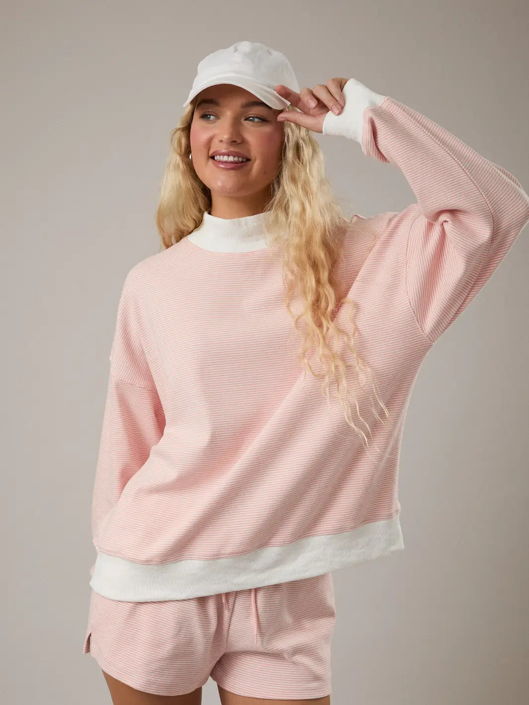 Mock Neck Stripe Sweatshirt Top - Peach/Cream