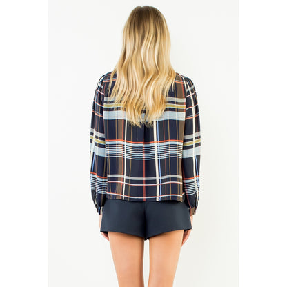 Plaid Long Sleeve Button Top - Navy
