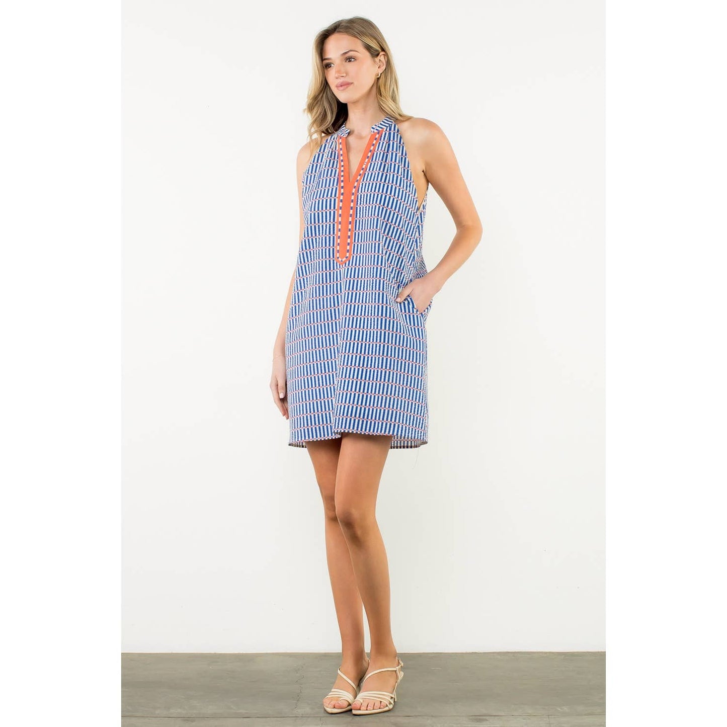 Contrast Trim Sleeveless Stripe Dress - Blue