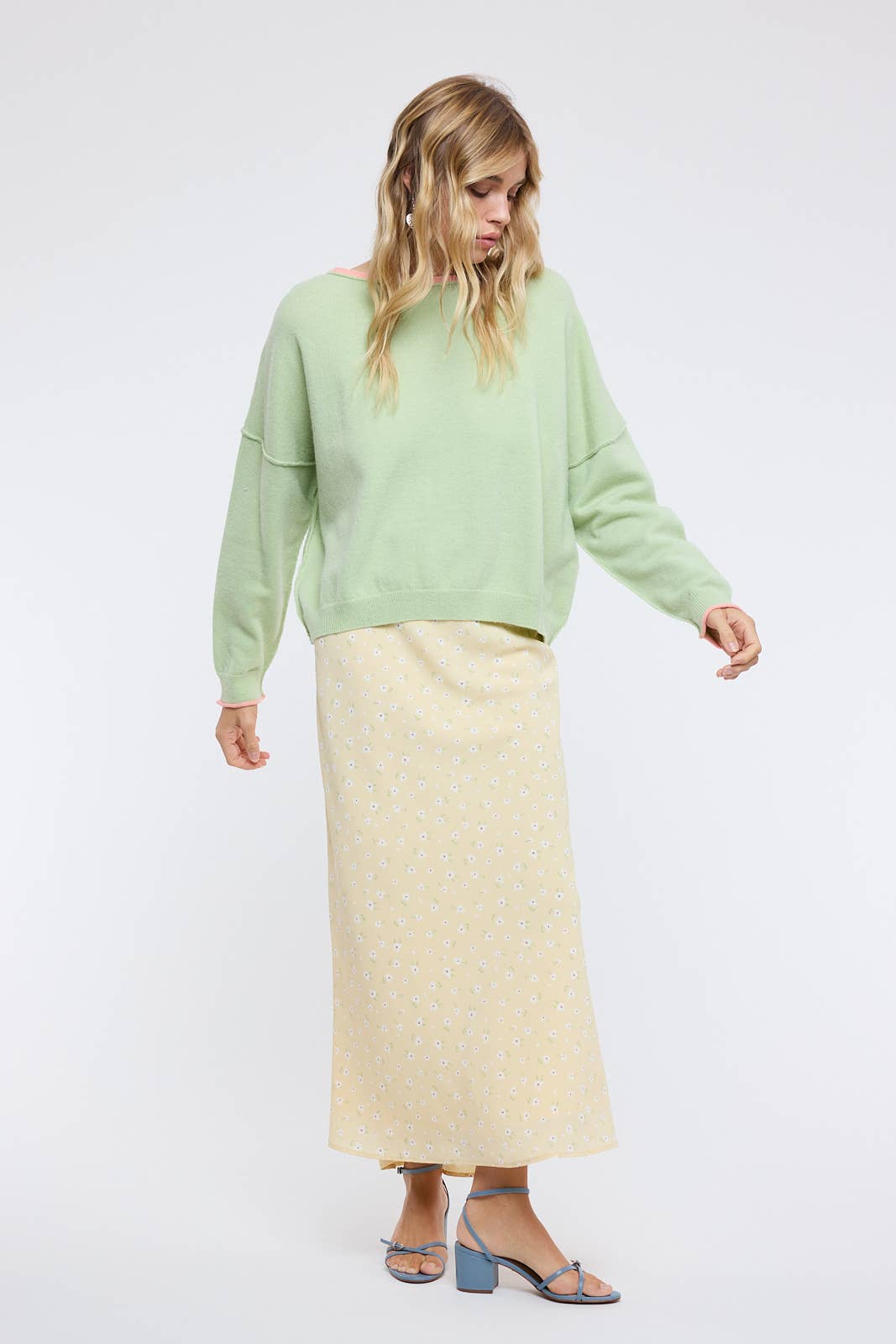 Brushed Contrast Boat Neck Sweater - Matcha/Melon