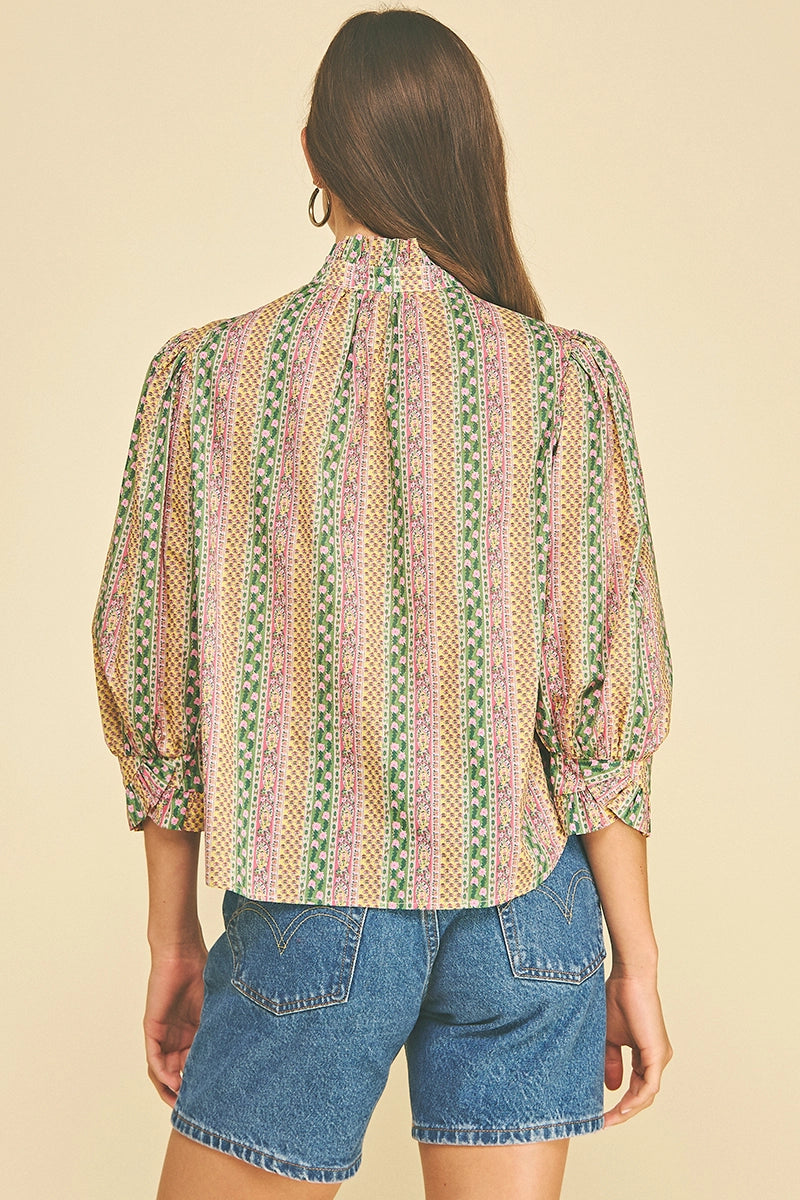 Floral Botanical Print Button Down Blouse - Green Multi