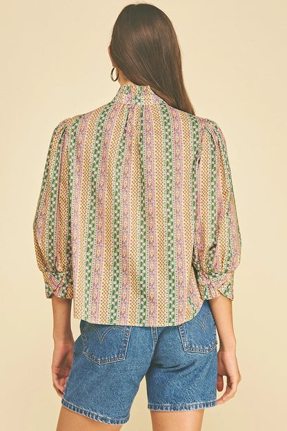 Floral Botanical Print Button Down Blouse - Green Multi