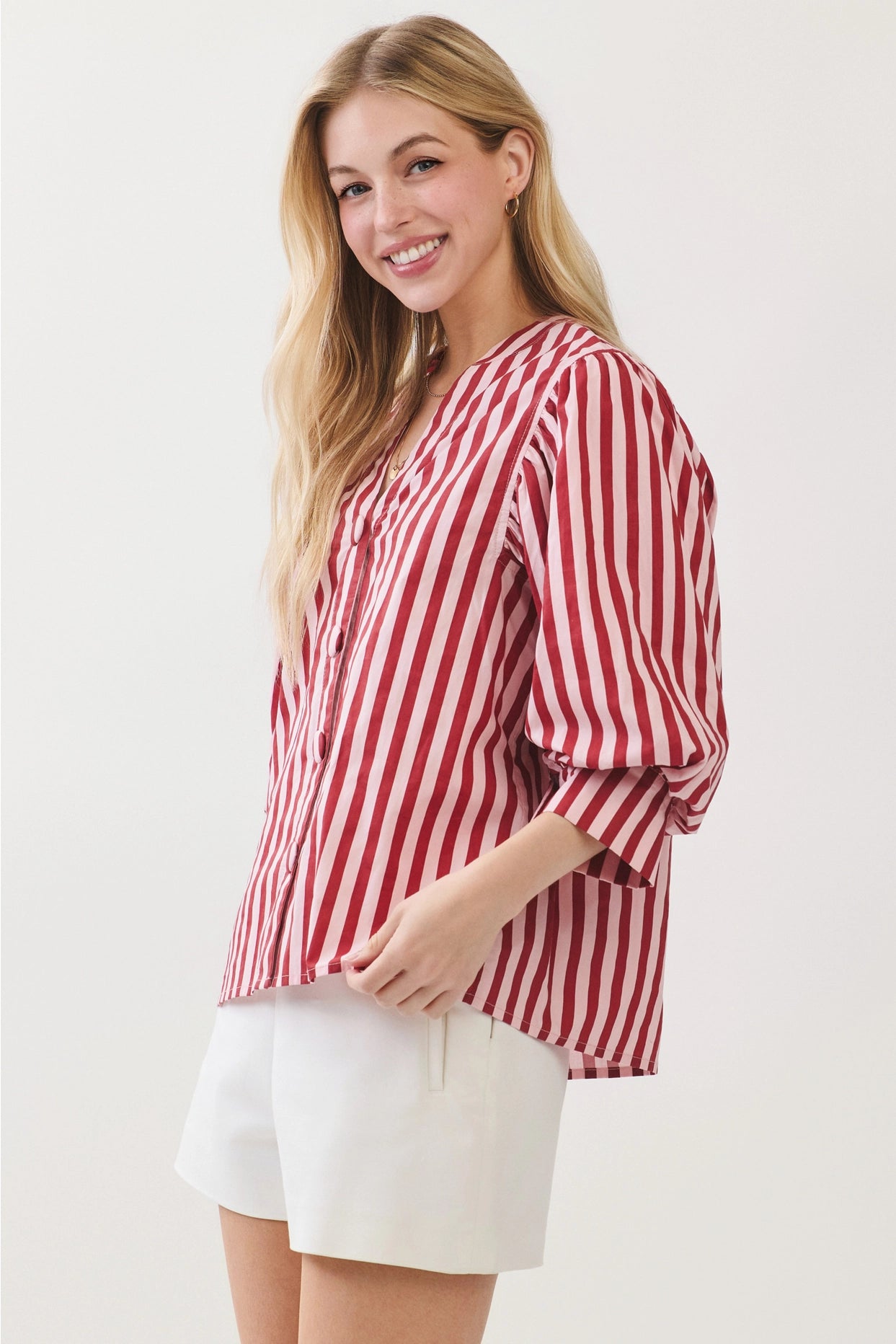 Stripe Bishop Sleeve Blouse - Pink/Wine