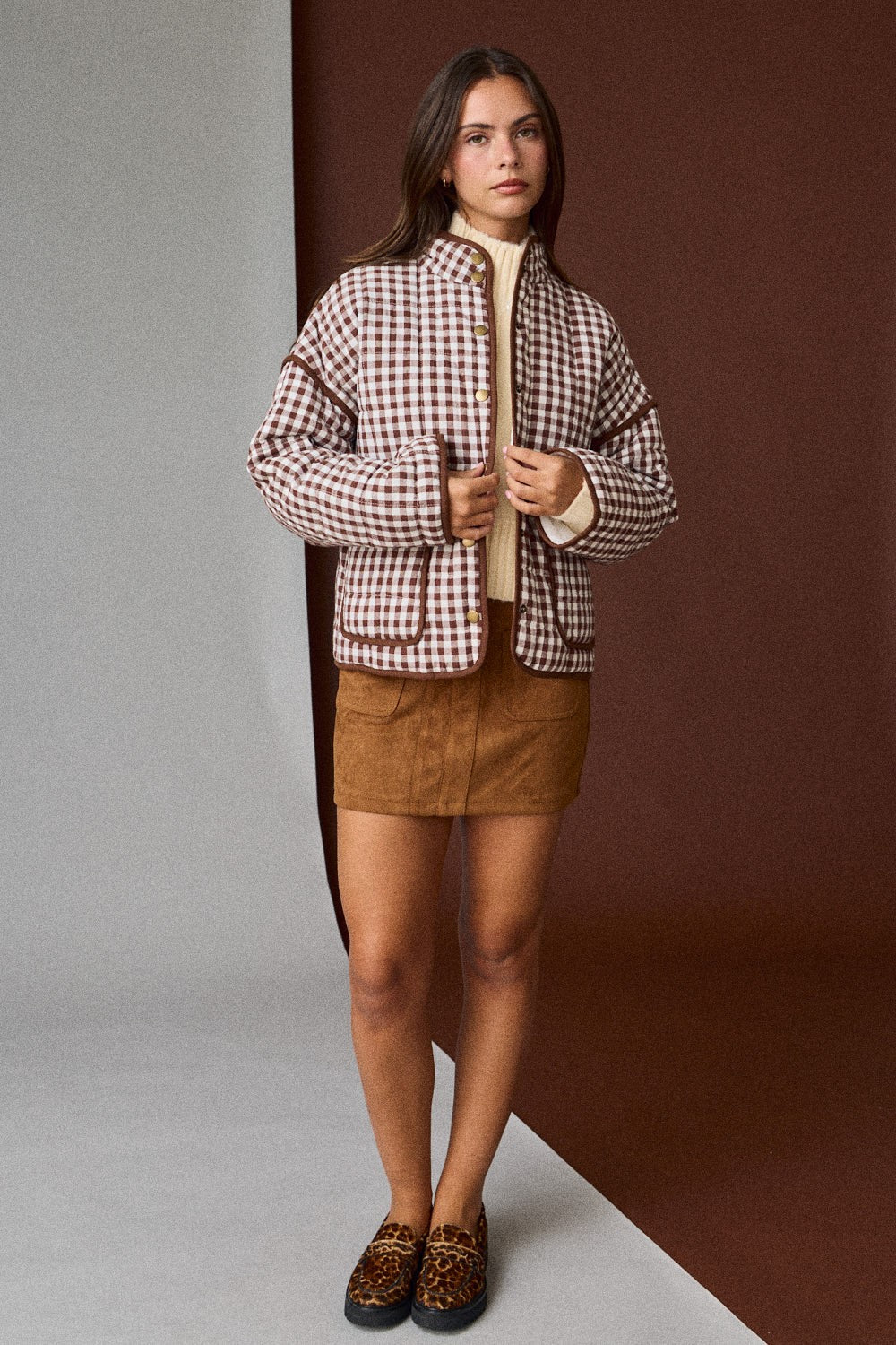 Gingham Quilted Jacket - Brown