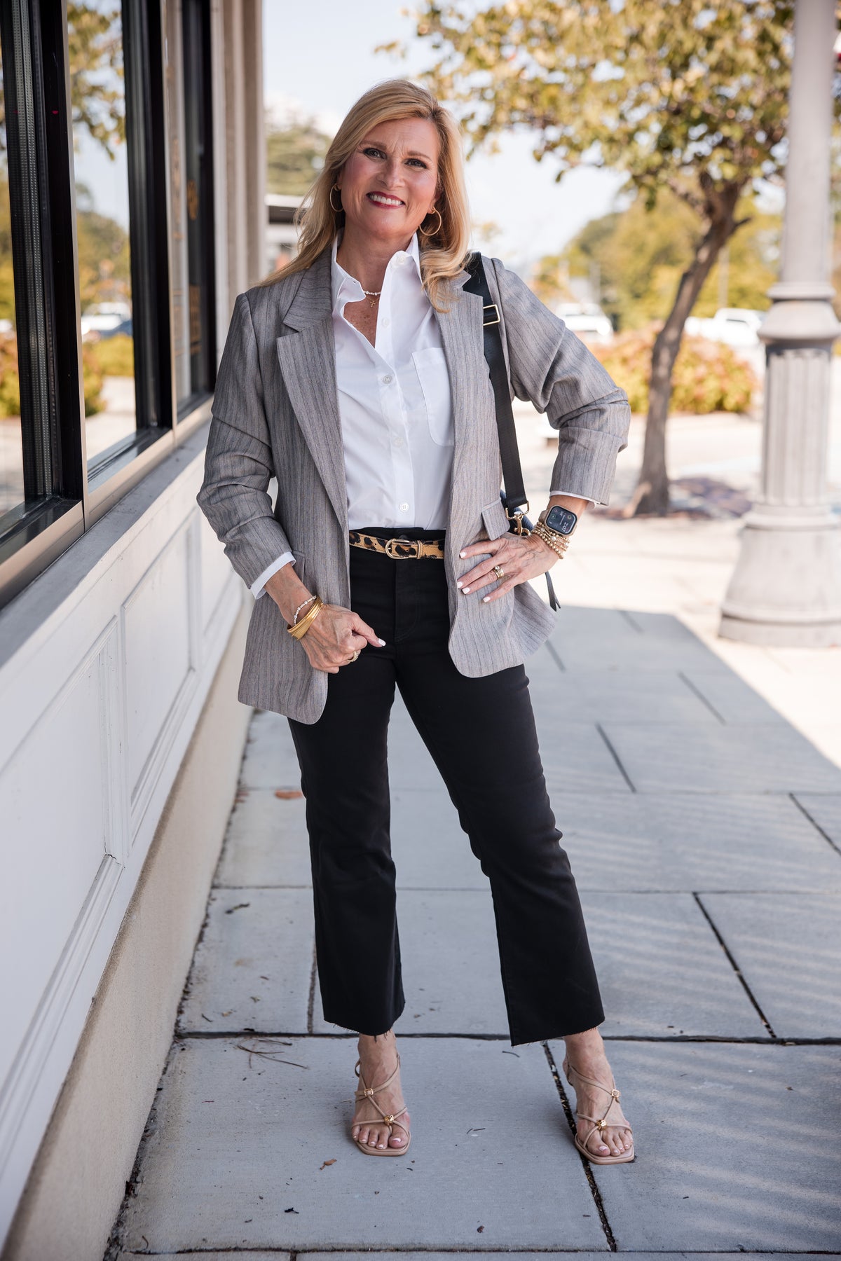 Herringbone 3/4 Sleeve Blazer - Light Grey