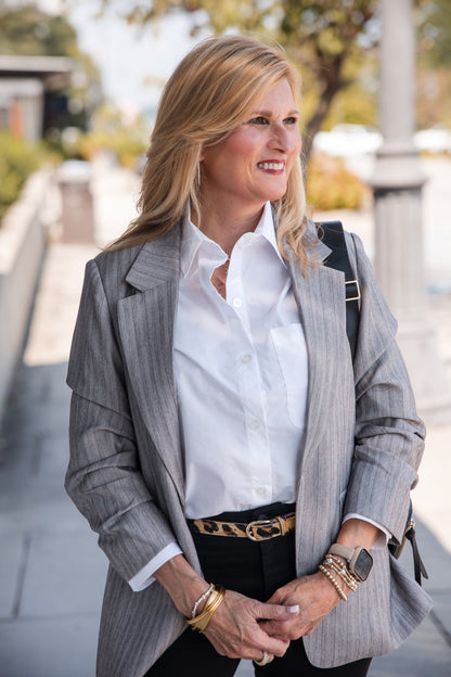 Herringbone 3/4 Sleeve Blazer - Light Grey
