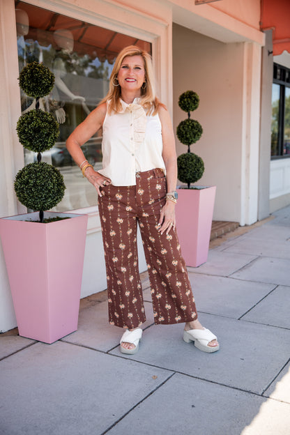 Floral Motif Wide Leg Pants - Brown