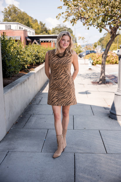 Zebra Print Sleeveless Mini Dress - Brown