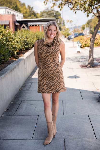 Zebra Print Sleeveless Mini Dress - Brown