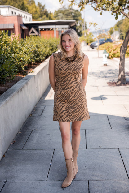 Zebra Print Sleeveless Mini Dress - Brown