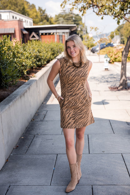Zebra Print Sleeveless Mini Dress - Brown