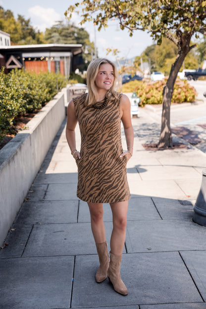 Zebra Print Sleeveless Mini Dress - Brown