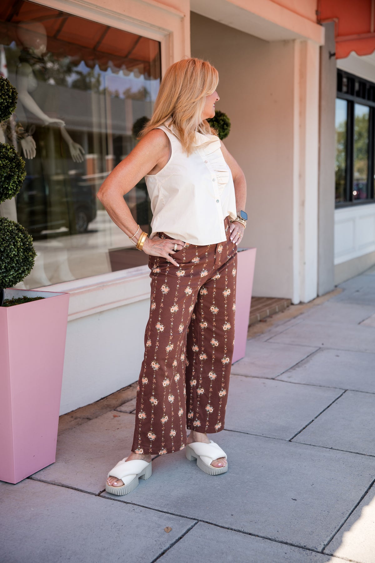 Floral Motif Wide Leg Pants - Brown