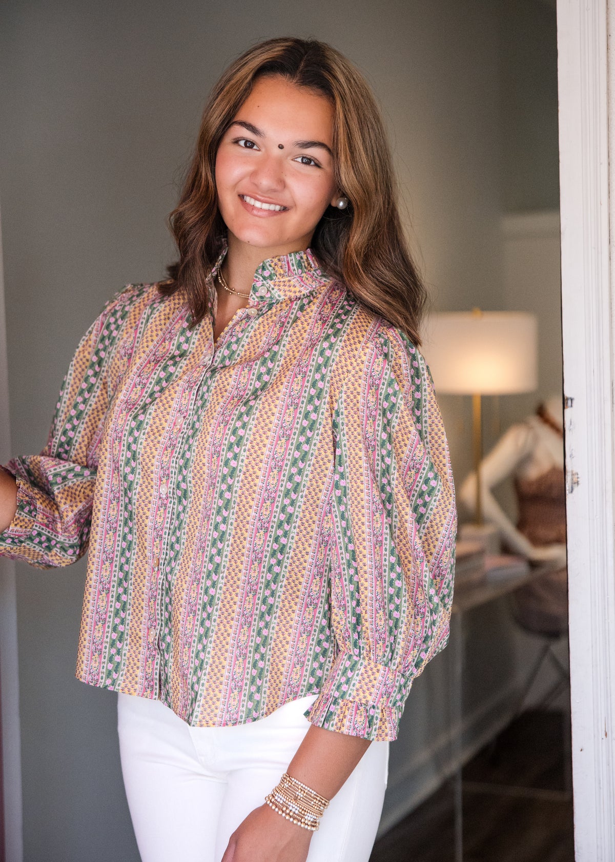 Floral Botanical Print Button Down Blouse - Green Multi