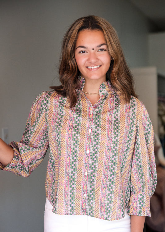 Floral Botanical Print Button Down Blouse - Green Multi