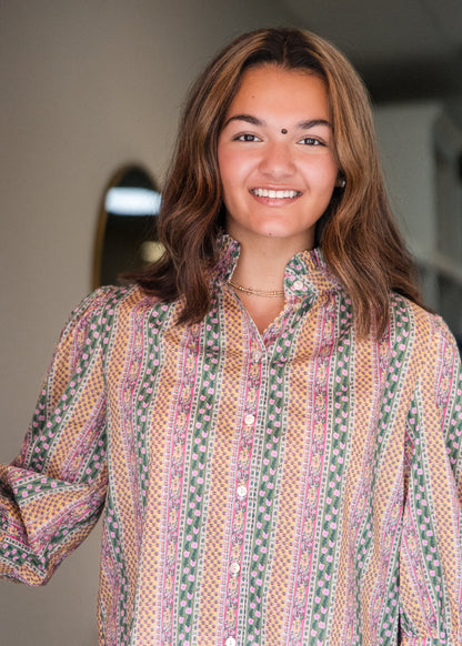 Floral Botanical Print Button Down Blouse - Green Multi