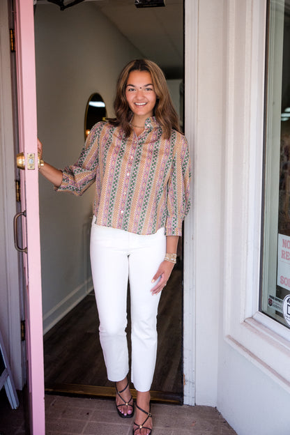 Floral Botanical Print Button Down Blouse - Green Multi