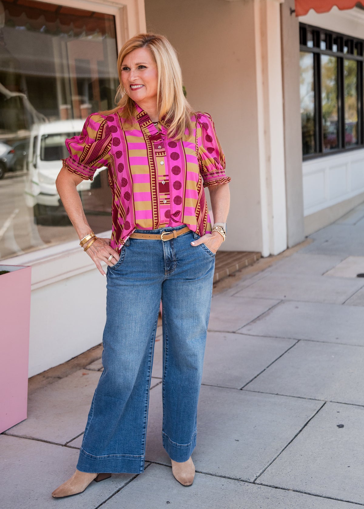 Mixed Print Short Puff Sleeve Top - Plum