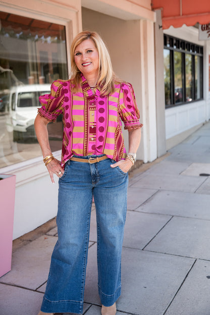 Mixed Print Short Puff Sleeve Top - Plum