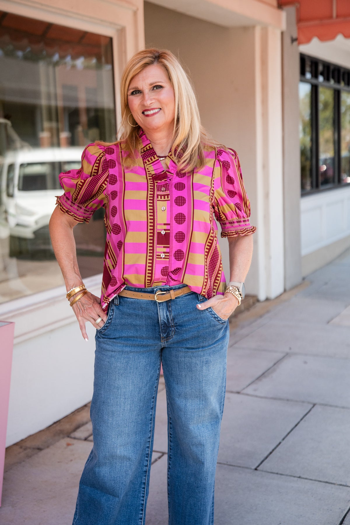 Mixed Print Short Puff Sleeve Top - Plum