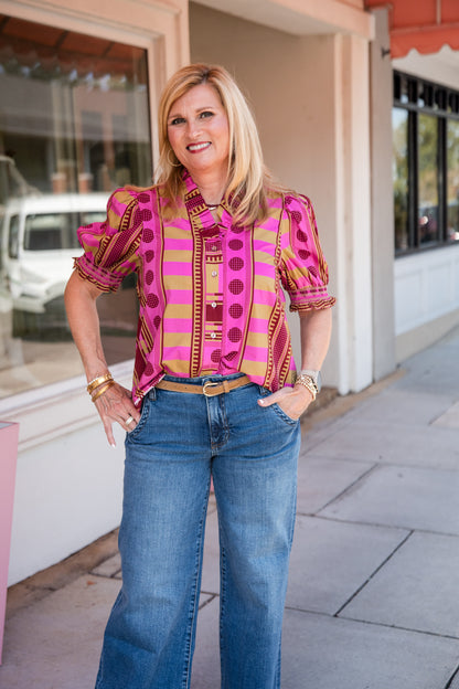 Mixed Print Short Puff Sleeve Top - Plum