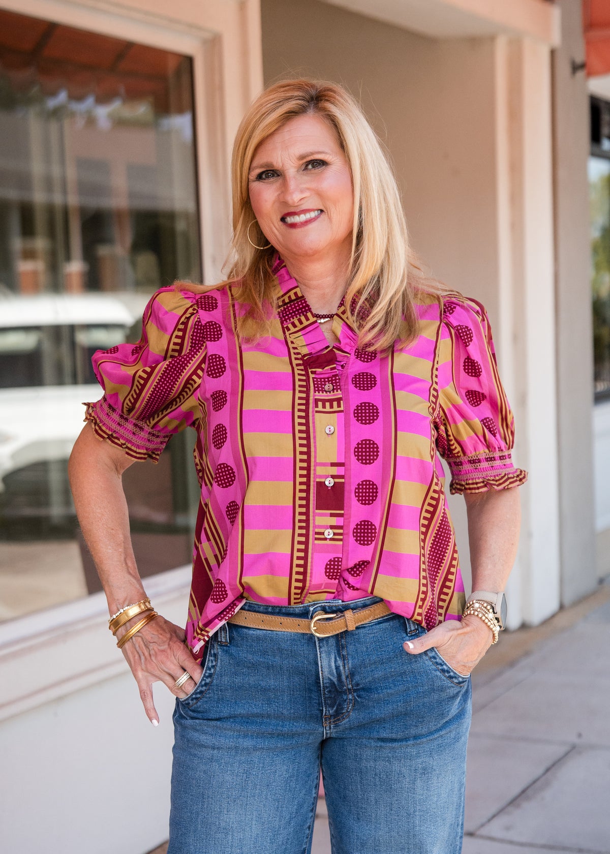 Mixed Print Short Puff Sleeve Top - Plum