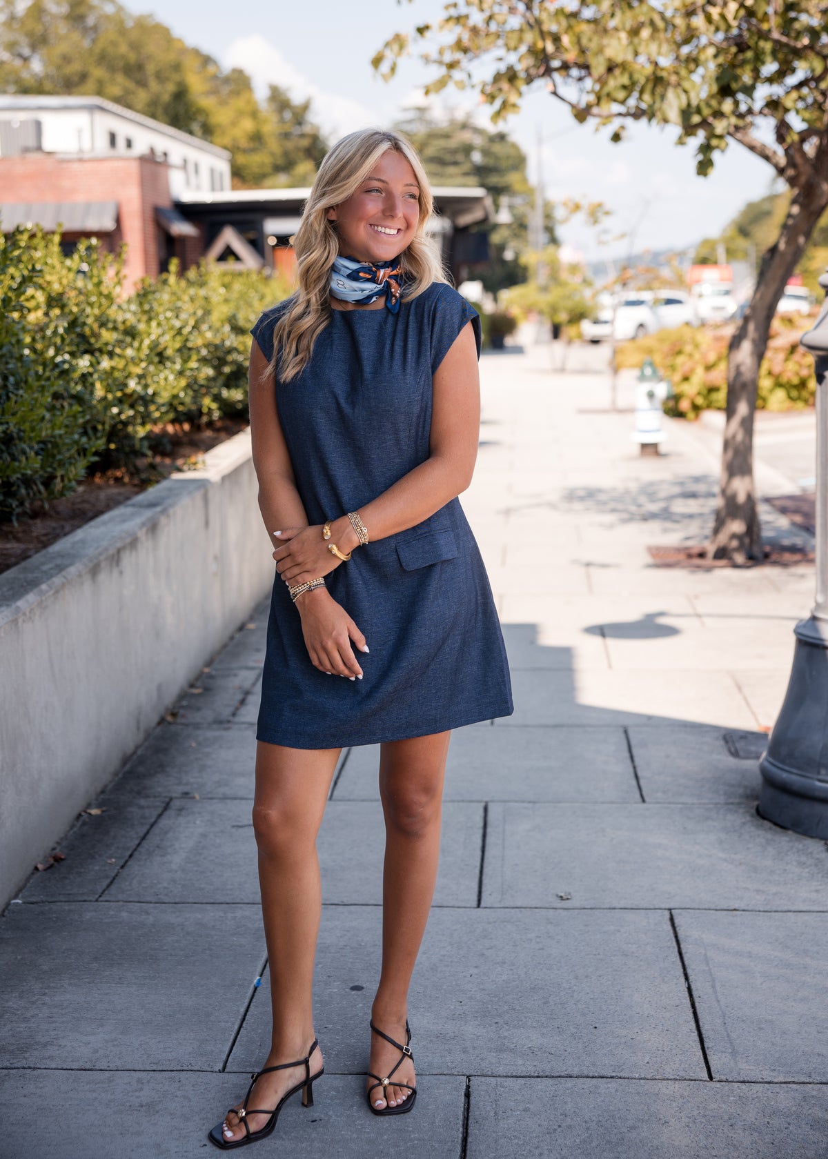 Denim Short Dress with Front Pockets - Navy